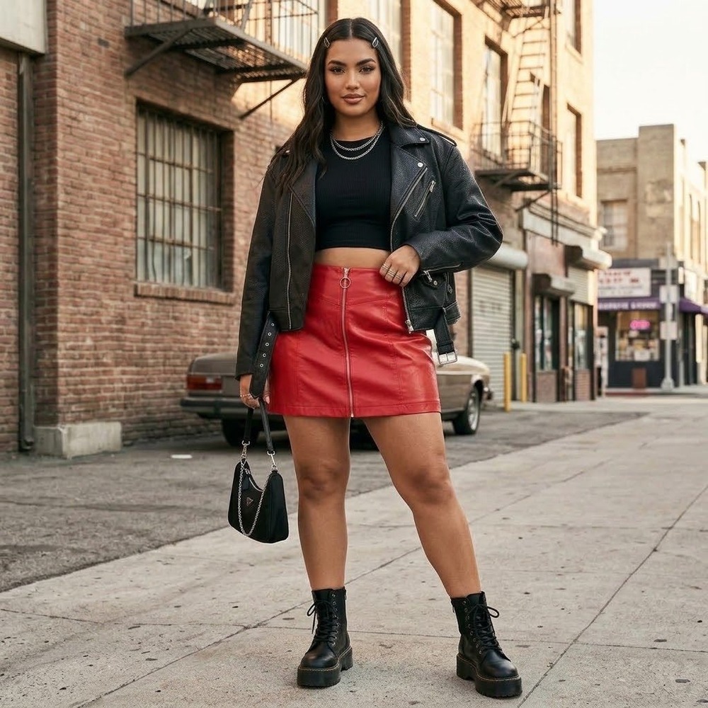 Forever 21+ Red Faux Leather Mini Skirt Front Zip O-Ring Edgy Baddie Size 0X